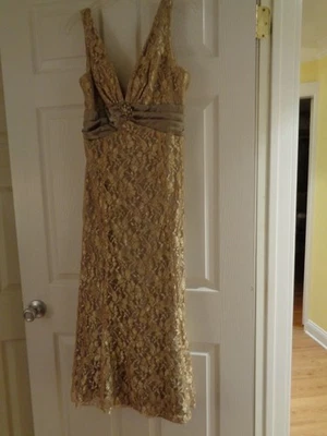 Vestido superpuesto de encaje dorado/taupe metálico - cuello en V espalda en V por David's Bridal  Foto 1 de 4