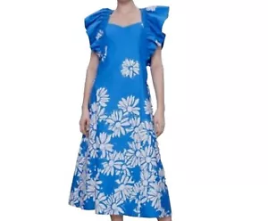 ZARA Daisy Floral Statement Ruffle Sleeve Midi Dress Size Medium Sweetheart Neck - Picture 1 of 9