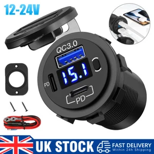 12-24V USB-C 3 Port Fast Car Charger PD + QC3.0 Outlet Socket for Boat RV Marine - Picture 1 of 14