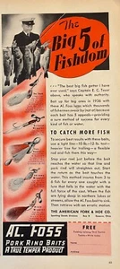 Anuncio impreso de señuelos de pesca AL Foss 1936 - American Fork & Hoe Company Geneva Ohio - Imagen 1 de 1
