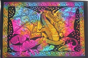 Multi Tie Dye Wall Hanging Fly Dragon Bedroom Throw Cotton Tapestry Poster Boho - Picture 1 of 3