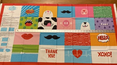 Lot of 6 Fabric Sewing Panel Face Mask 24" 100% Cotton 18 Funny Faces Mustache - Image 1 of 4