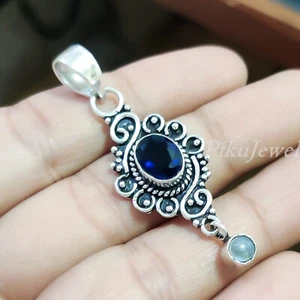 Colgante de plata de ley 925 con piedras preciosas y piedras lunares azul oscuro para él - Imagen 1 de 8