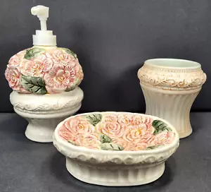 Set Bagno 3 pz Ceramica Rosa Pesca Dispenser Porta Spazzolino Certificato Int - Foto 1 di 14