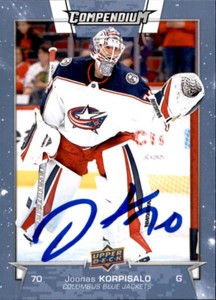 Joonas Korpisalo Signed 17/18 Upper Deck Compendium card Columbus Blue Jackets