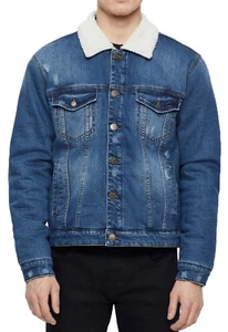 ONLY & SONS Hombres Sherpa Cuello de Piel Denim Camionero Chaqueta Azul Vintage Jean Abrigo - Imagen 1 de 3