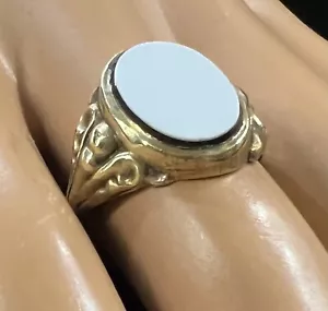 Antique Embossed 8k Yellow Gold Bezel Set Black & White Sardonyx Ring Sz 7.5–728 - Picture 1 of 10