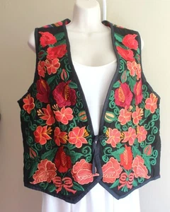 Xela M Cotton Vest Waistcoat Tie On Red Floral Embroidered Guatemala Woven Back - Picture 1 of 6