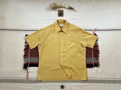 60s 70s Dagger Collar Shirt L Short Sleeve Mustard Yellow Notch Button Cuffs Mod - Image 1 of 4