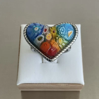 Colorido anillo corazón de cristal estilo millefiori de Murano acero inoxidable tamaños 6,7,8,10 Foto 1 de 4
