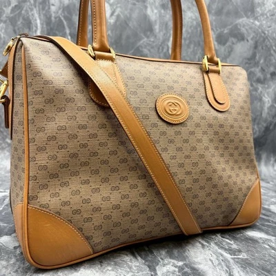 GUCCI 002.084.0167 GG 2 vie tracolla Boston borsa marrone beige pelle oro har... - Immagine 1 di 4