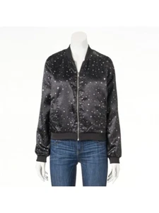 LOVE FIRE Womens Black Zippered Reversible Ribbed Trim Bomber Jacket XS - Picture 1 of 6