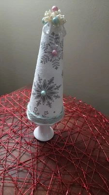 Handmade Christmas Tree Tabletop Christmas Decor Beads Yarn White Silver Pastels - Image 1 of 3