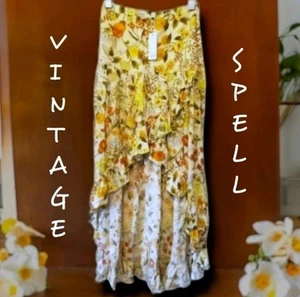 Vintage Spell Designs Sayulita Yellow Hi-Low Floral Print Ruffle Bohemian Skirt - Picture 1 of 9