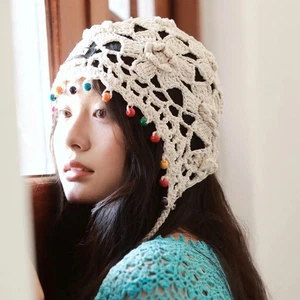 Hollow Knitted Beanie Cap Girls Cotton Hat Headwear Hand-crocheted Ethnic Cap - Picture 1 of 15
