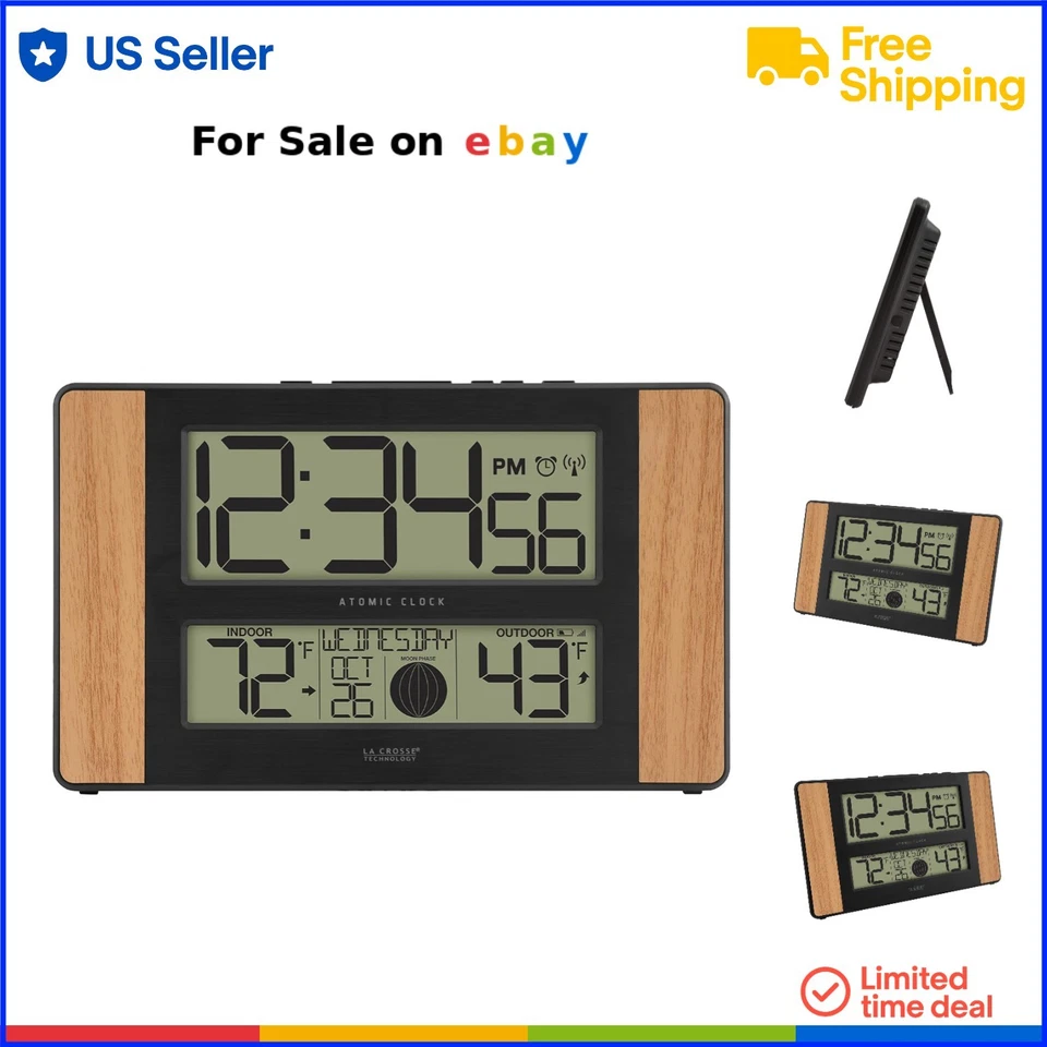 Digital Atomic Clock Weather Station Indoor Outdoor Temperature Modern Wood Oak - Image 1 of 4