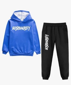 Kids Tracksuit Pullover Hoodie Jogging Pants Set 2 Pieces Sweatsuit- Blue/Black - Picture 1 of 2