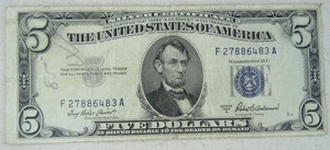 1953 A $5 Five Dollar Federal Reserve Note Blue Seal 27886483 - Picture 1 of 2