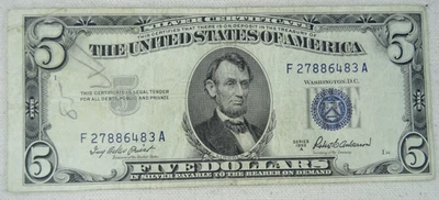 1953 A $5 Five Dollar Federal Reserve Note Blue Seal 27886483 - Image 1 of 2