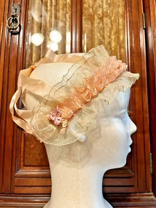 Vintage 1925 Simonettes Silk And Lace Boudoir Cap Light Peach Silk Ribbons - Picture 1 of 13