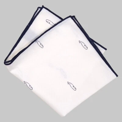 Mens Linen WHALE Print Handkerchief Pocket Square Cream Navy Border Hanky 9.5" - Image 1 of 4