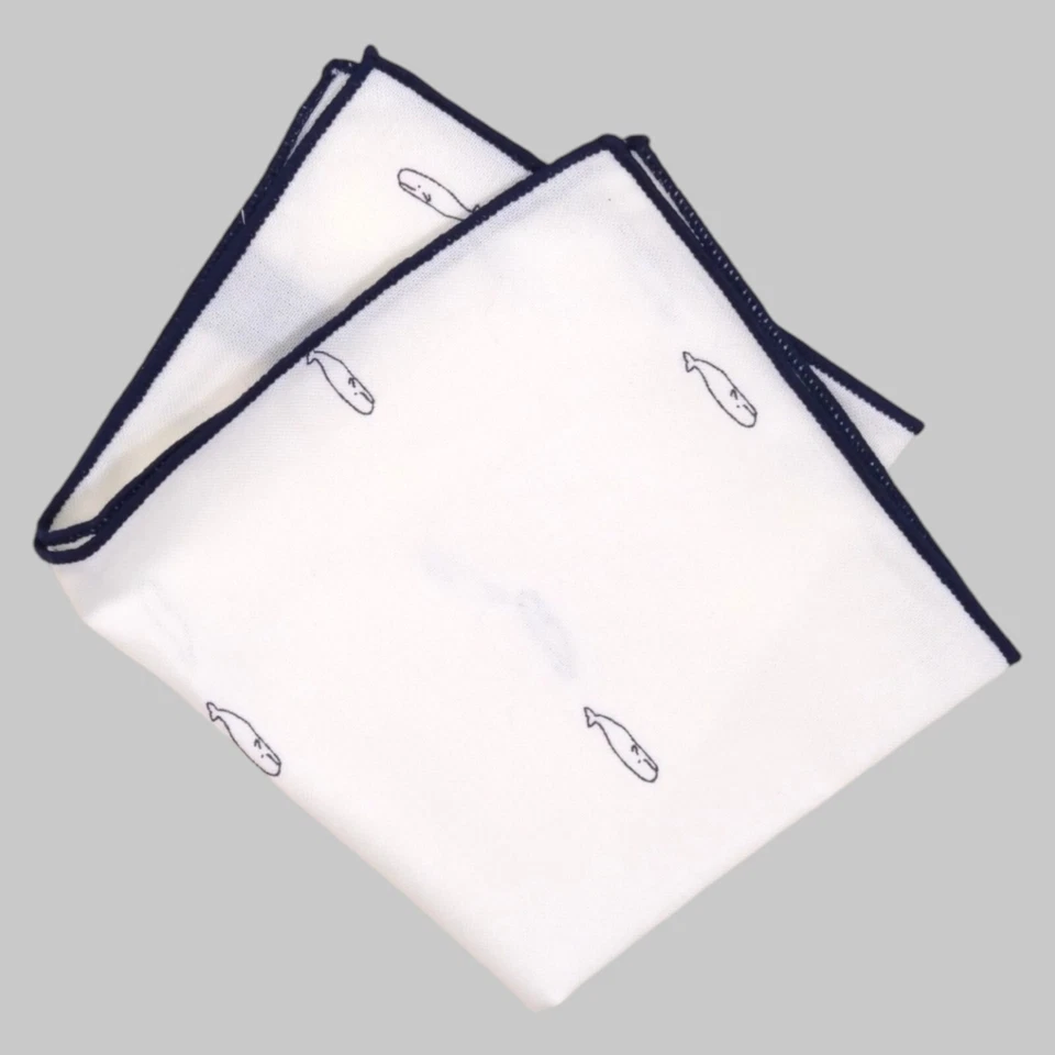 Mens Linen WHALE Print Handkerchief Pocket Square Cream Navy Border Hanky 9.5" - Image 1 of 4