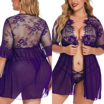 Plus Size Sexy Lingerie Women Lace Sheer Dress Sleepwear Nightwear Bodysuit US - Image 1 of 4