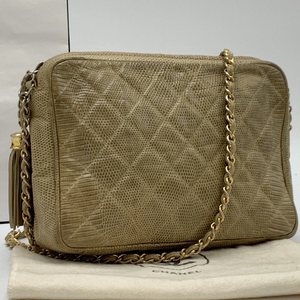 Bolsa de ombro CHANEL corrente dourada lagarto matelasse franja borla couro marrom autêntica - Imagem 1 de 4