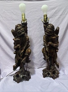 Chinese Wood carved two Antique Sculptures 19” High Lamps with no shade - Picture 1 of 13