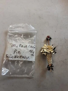 VTG My Fair Lady Umbrella Parasol Brooch Pin BSK Gold Tone Enamel Rhinestone - Picture 1 of 4