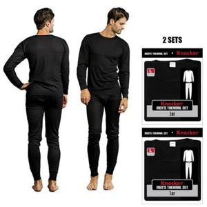 2 Sets Mens Thermal Underwear Long Sleeve Shirt Pajama Pants Warm Winter Black L - Picture 1 of 1