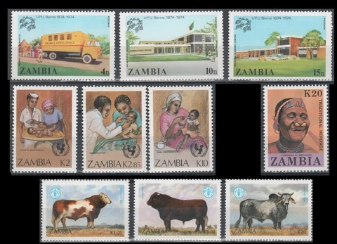 10 Zambia stamps Mint Never Hinged Cover