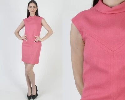 Vestido Monocromo Vintage Rosa Liso Años 60 Uniforme Delgado Movible Lápiz Mod Mini Foto 1 de 4