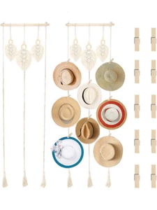 Boho Hat Storage Woven Rack Cap Holder Organizer Hanger Wall Decor W/Clips - Picture 1 of 8