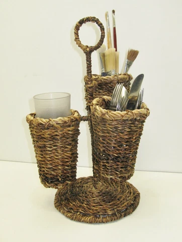 Vintage Wicker Utensil Holder Stand Baskets Tri Level Glass Art Supplies Handle Cover