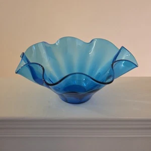 Vintage 1960s Blenko Glass 10.5" Ruffled Blue Glass Bowl - Picture 1 of 15