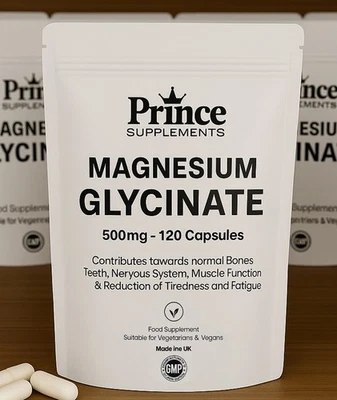 PRINCE SUPPLEMENTS MAGNESIUM GLYCINATE 500mg 120 HIGH STRENGTH CAPSULES FATIGUE BONE HEALTH BUY 3