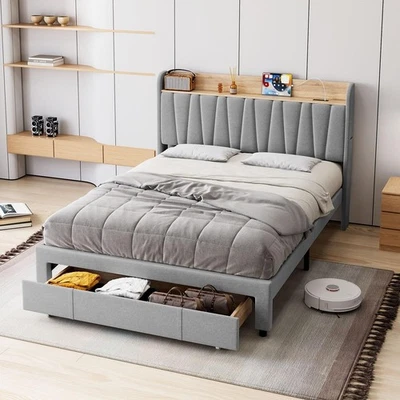 Queen Size Bed Frame Headboard Upholstered Platform w/Charging Station & Drawers - Image 1 of 4