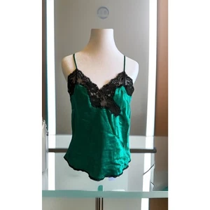 Vintage Satin Cami Green Top Lace Lingerie Fantasies Tank Babydoll 80s Sz S RARE - Picture 1 of 9