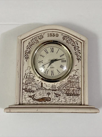 Fiji VINTAGE SCRIMSHAW SAILING  DESIGN QUARTZ CLOCK 6" x 6" Works Whaling Cover