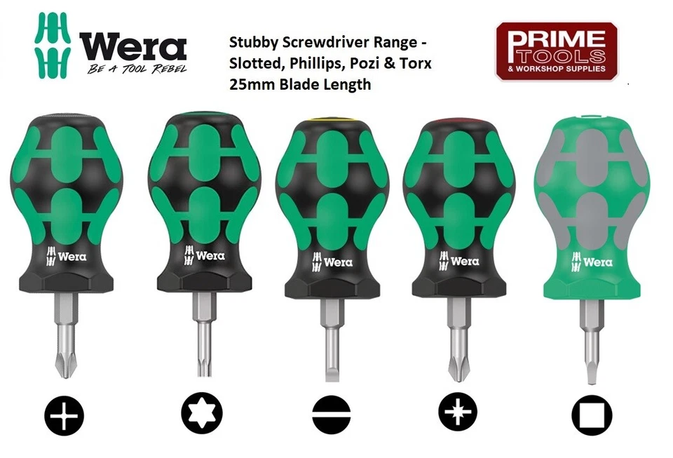 Wera Stubby Screwdrivers Short Slotted, Phillips, Torx, Pozi, SQ - Choose size - Image 1 of 1