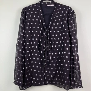 JOANIE Sz 18 US/22 UK Black Silver Polka Dot Sheer Chiffon Tie Blouse Shirt - Picture 1 of 8