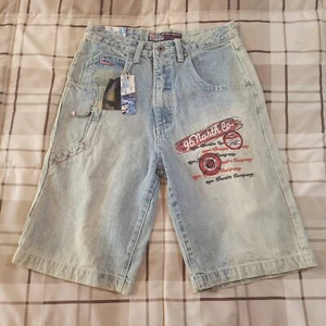 Ninety Six North Size 14 Jean Shorts Long Baggy Blue Embroidered Y2K 90s - Picture 1 of 10