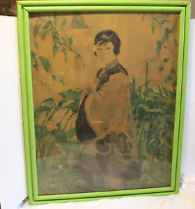 Vintage asiatisches Original Aquarell? Gemälde von Mädchen mit Blume im Haar - Bild 1 von 9