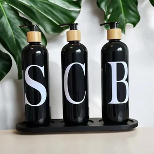 Set Of 3 Shampoo Conditioner Body Wash Pump Bottles Black/Bamboo 500ml - Picture 1 of 3