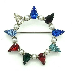B David Brooch Multi Crystal Faux Pearl Circle Vintage - Picture 1 of 12