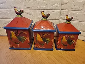 SET OF 3 Red Rooster By Artimino ROOSTER CERAMIC CANISTERS - Picture 1 of 12