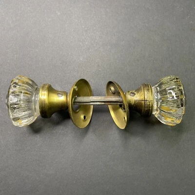 Antique 1930s Crystal Glass Door Handle Knobs Brass Fitting CRACKED HOUSING C01 - Image 1 of 4