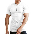 Men's Short Sleeve Polo T Shirts Zipper Muscle Sports Gym Fitness Tops Jumper