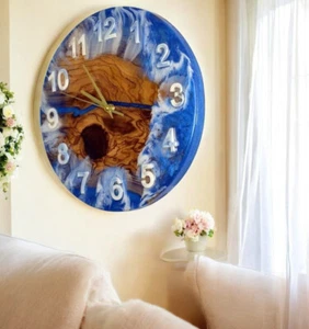 Reloj de Pared 15" Océano Onda Hecho a Mano Reloj de Madera y Resina para Inauguración Hotel Dec - Imagen 1 de 7